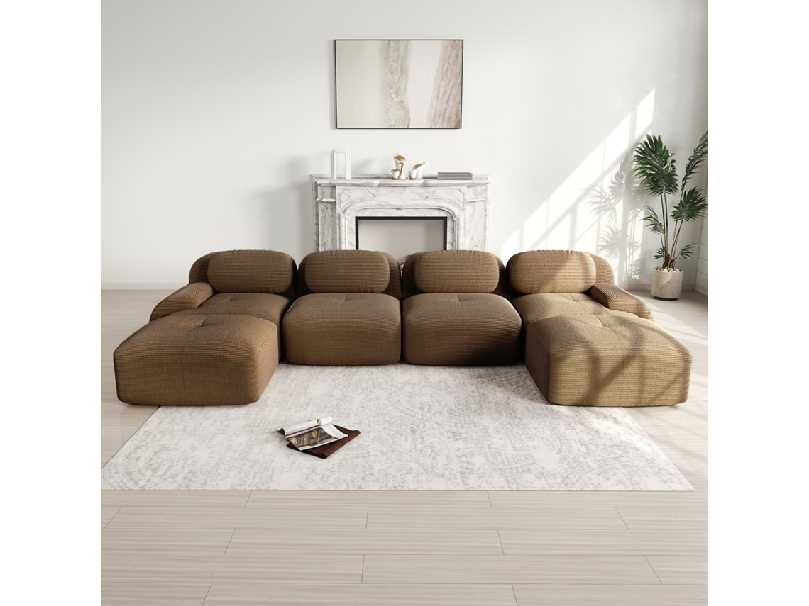 Sofá Modular U, Veludo Respirável, Espuma 32d, Braços Largos, Pet-friendly, Marrom.