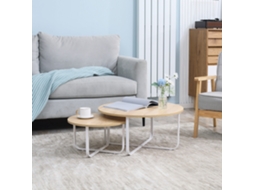 Conjunto De 2 Mesas Centro Ø65x32cm E Ø45x26cm Tábuas Redondas Com Bancada Madeira E Pés Metal Lenhoso E Branco