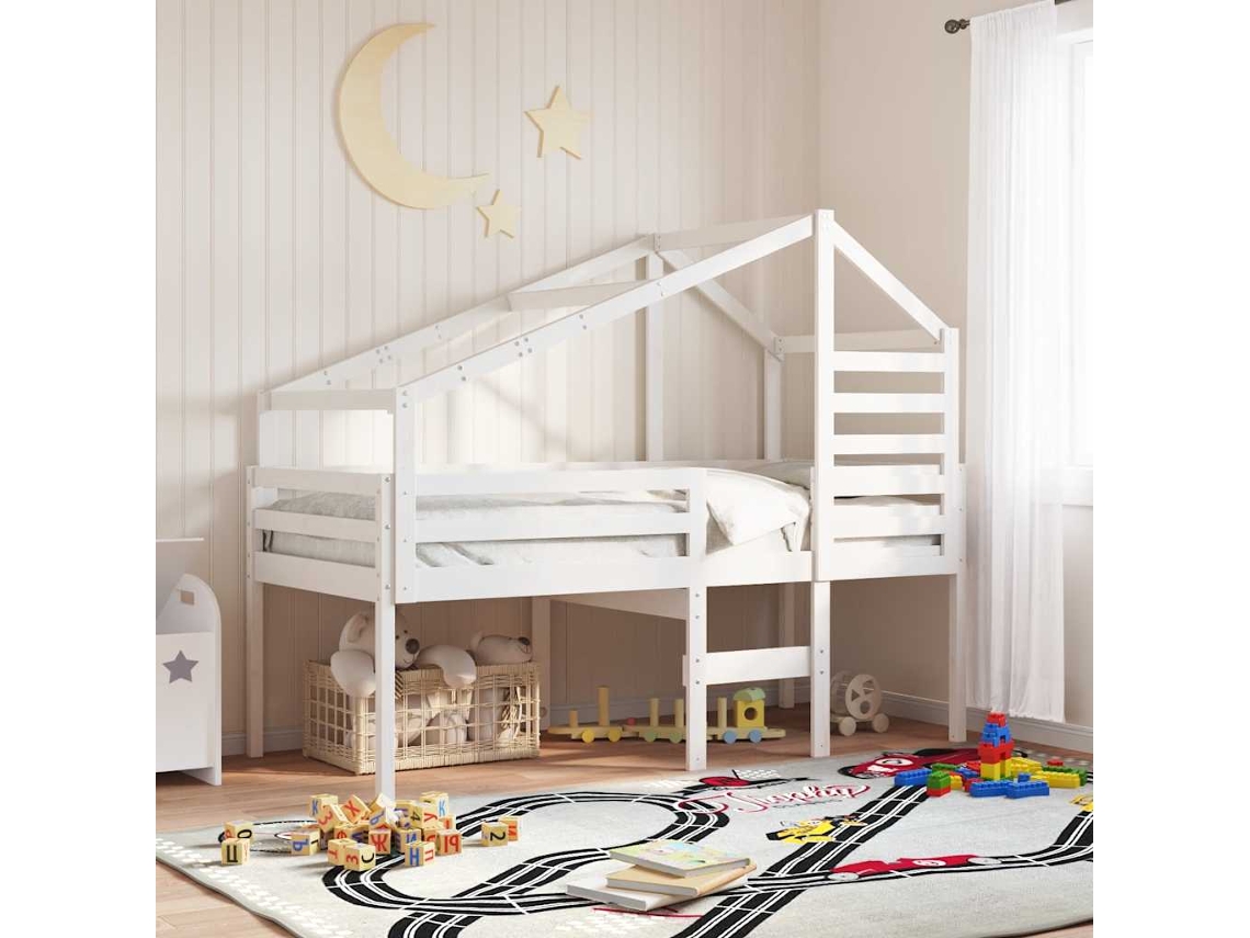 Vidaxl Cama Alta Com Telhado 80x200 Cm Pinho Maciço Branco