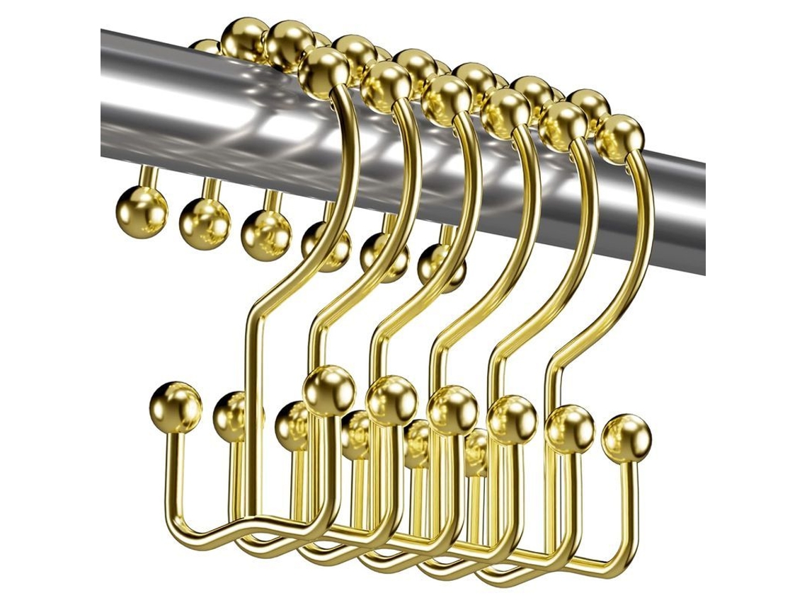 Ganchos de Cortina de Chuveiro em Metal Antirrostante, Ganchos Duplos, Ouro, 12 Unidades