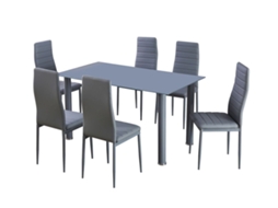 Conjunto Mesa em Vidro Temperado 6 Cadeiras em Couro Sintético. Sala de Jantar Ou Cozinha Cinza SALDOSYSTOCKS