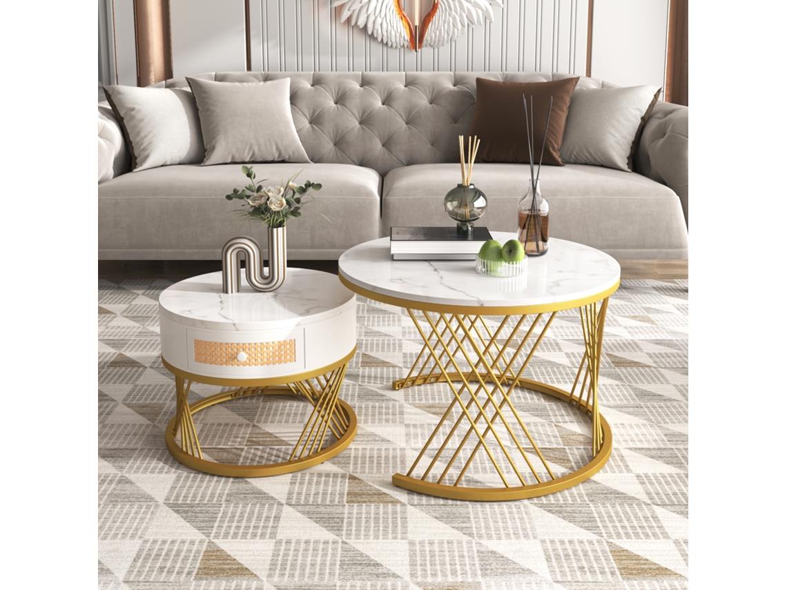 Conjunto De 2 Mesas De Centro Redondas Em Mdf Efeito Mármore Branco E Dourado 70x45,5cm E 50x38,5cm