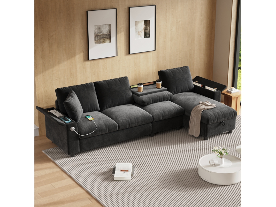 Sofá Chenille L Com Braços E Armazenamento. Mesa Retrátil Com 2 Porta-copos, Usb E Tipo-c. L Ajustável. Cinza.