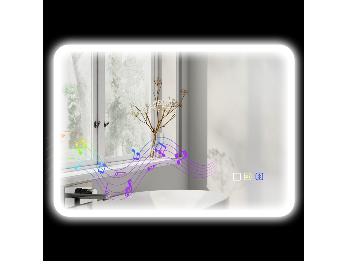 Espelho Banheiro Led Bluetooth 50x70cm C/ Toque 3 Cores Antiembaça Memória, Prateado