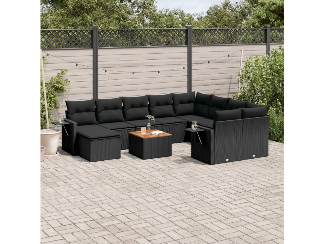 Vidaxl 11 Pcs Conjunto Sofás De Jardim C/ Almofadões Vime Pe Preto