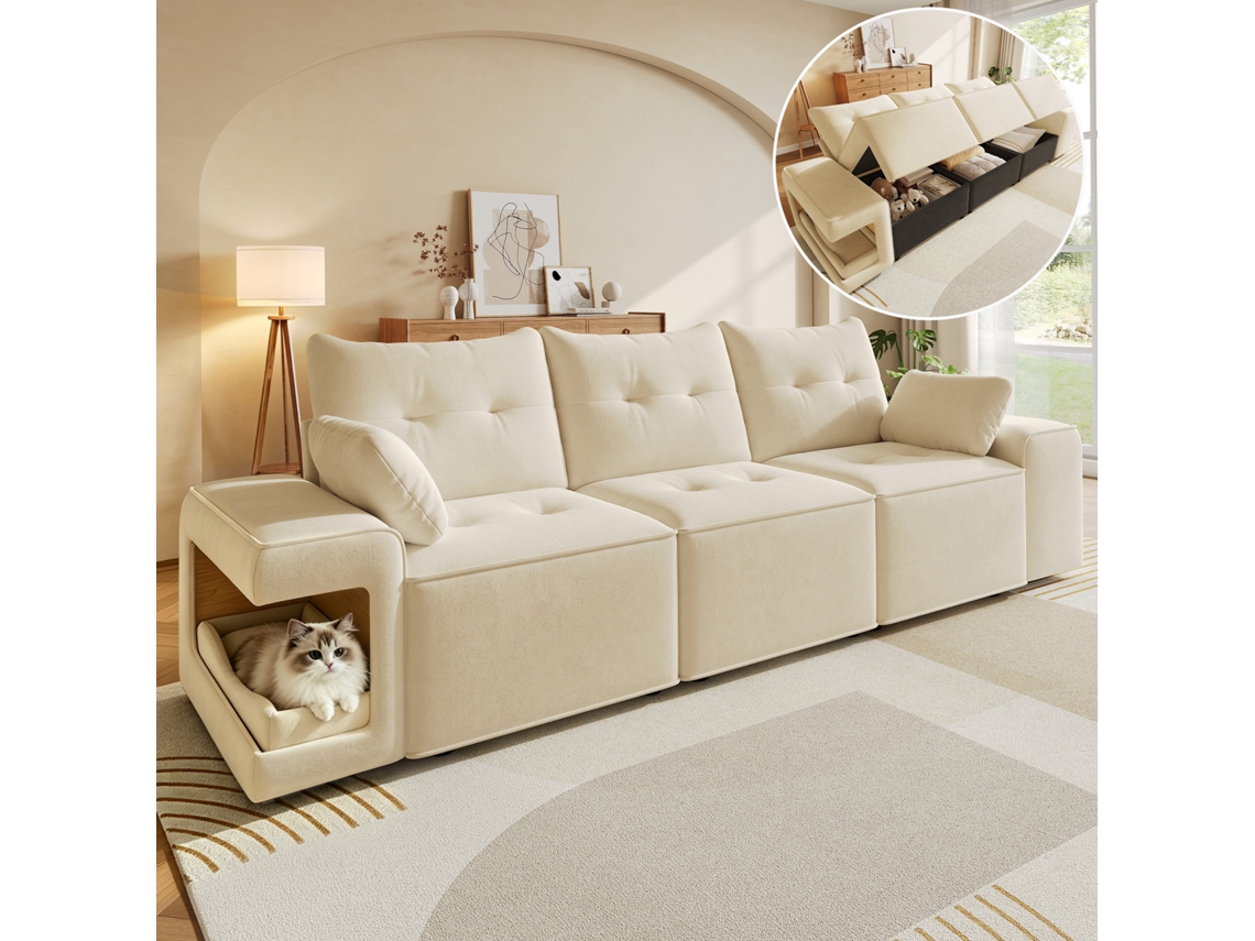 Sofá modular 3 lugares estilo Cloud, com arrumação, braços largos, 2 almofadas, bege