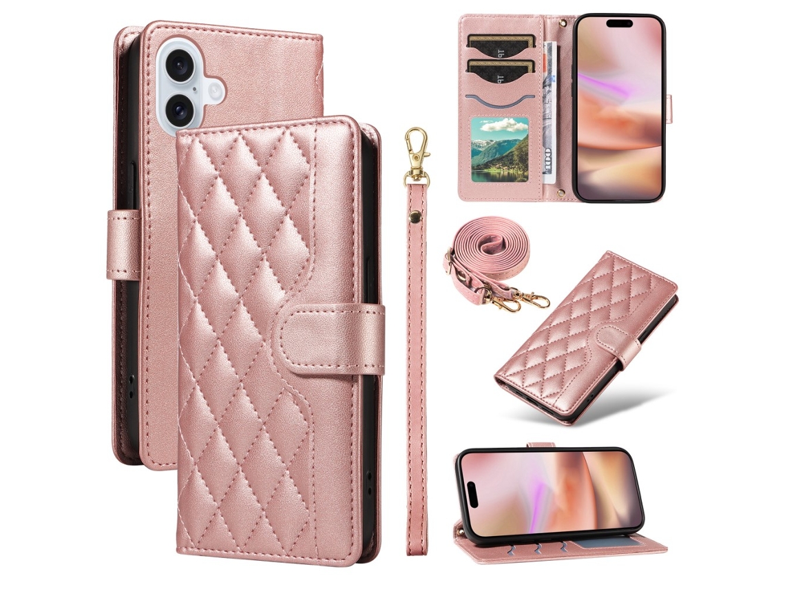 Capa Em Couro Pu Com Cordão Para Apple Iphone 16 Plus - Ouro Rosa