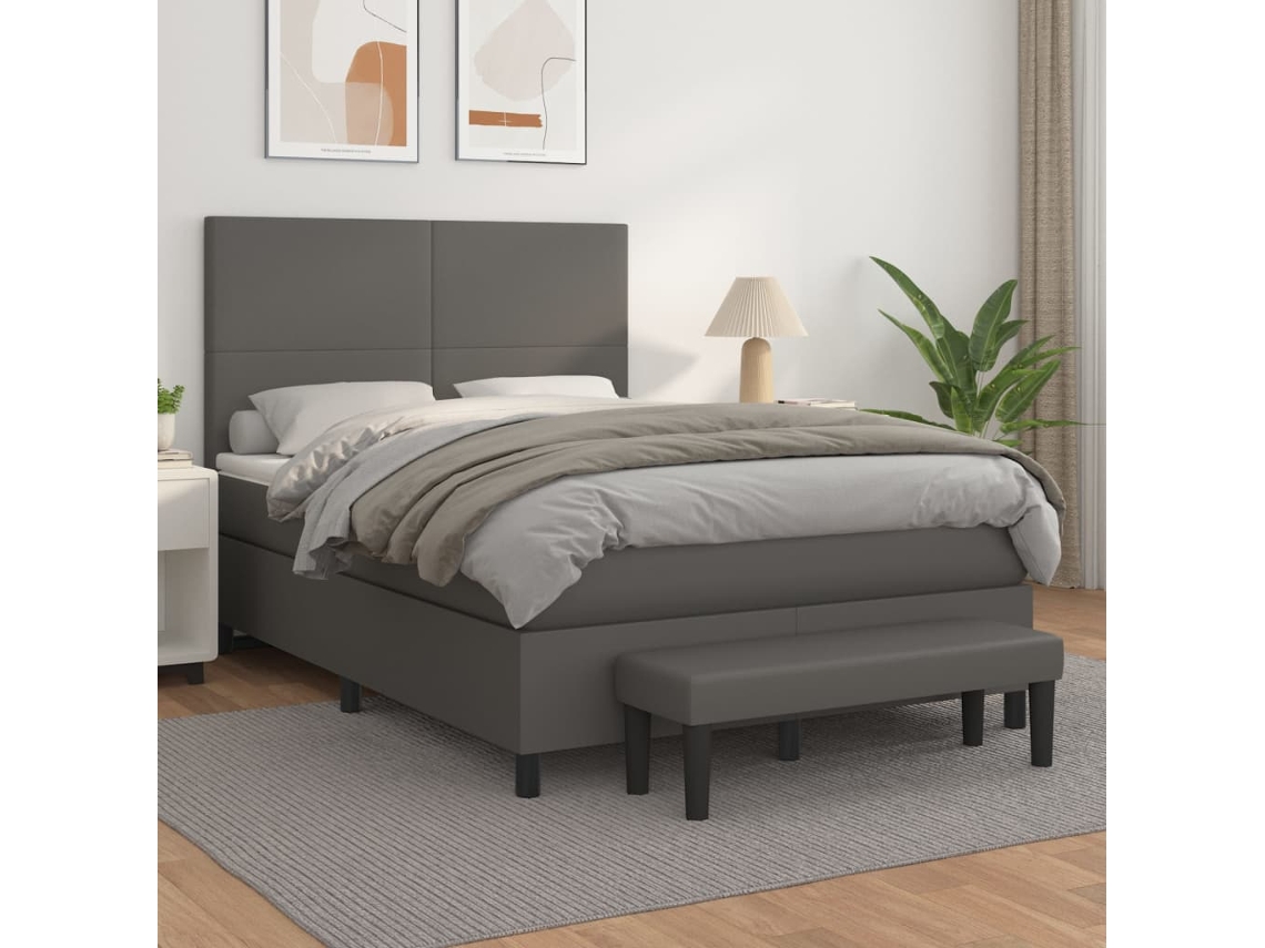 Vidaxl Cama Com Molas/colchão 140x190 Cm Couro Artificial Cinzento