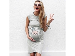 Vestido Maternidad Suelto Casual Plus Size Con Estampado De Cartoons Y Letras Para Embarazadas Gris L