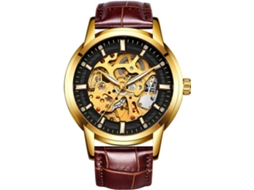 Lurelia Relógio Mecânico Masculino, Automático, Couro, Preto, Dourado