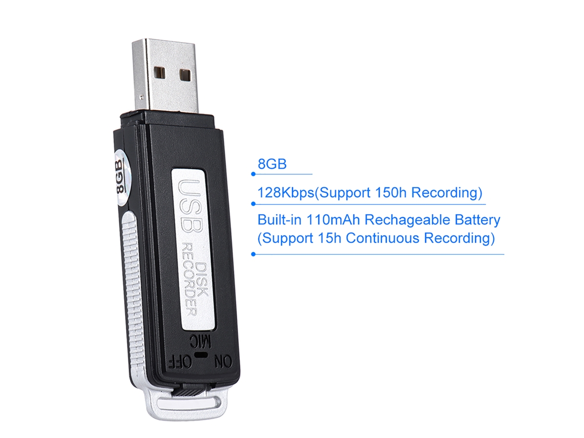 Gravador de Voz Usb Sk 868 8gb Portátil Mini com Gravacao 128kbps e Bateria Recarregavel
