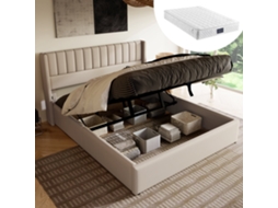 Cama 160x200cm Hidráulica Linho, Reclinável, Ripas Madeira, 199kg, Sem Colchão, Bege KOMHTOM
