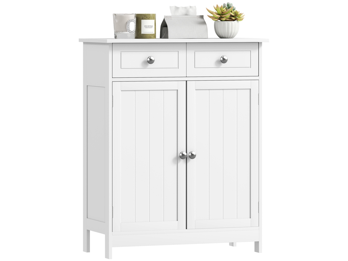 Armário De Banheiro Com 2 Gavetas E Porta Dupla, Prateleira Ajustável 60x30x75cm, Branco