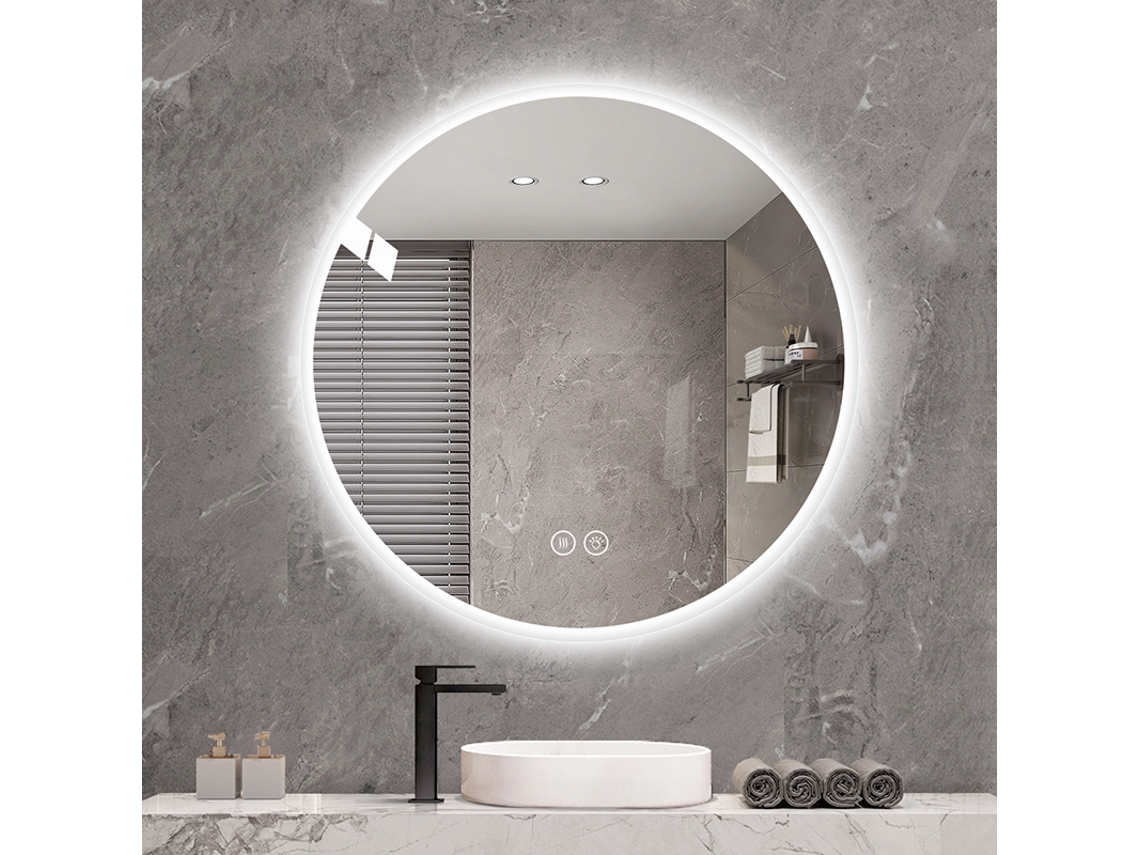 Espelho Banheiro Redondo Led 70cm, Parede, Antiembaça, Luz Regulável, Maquiagem pip