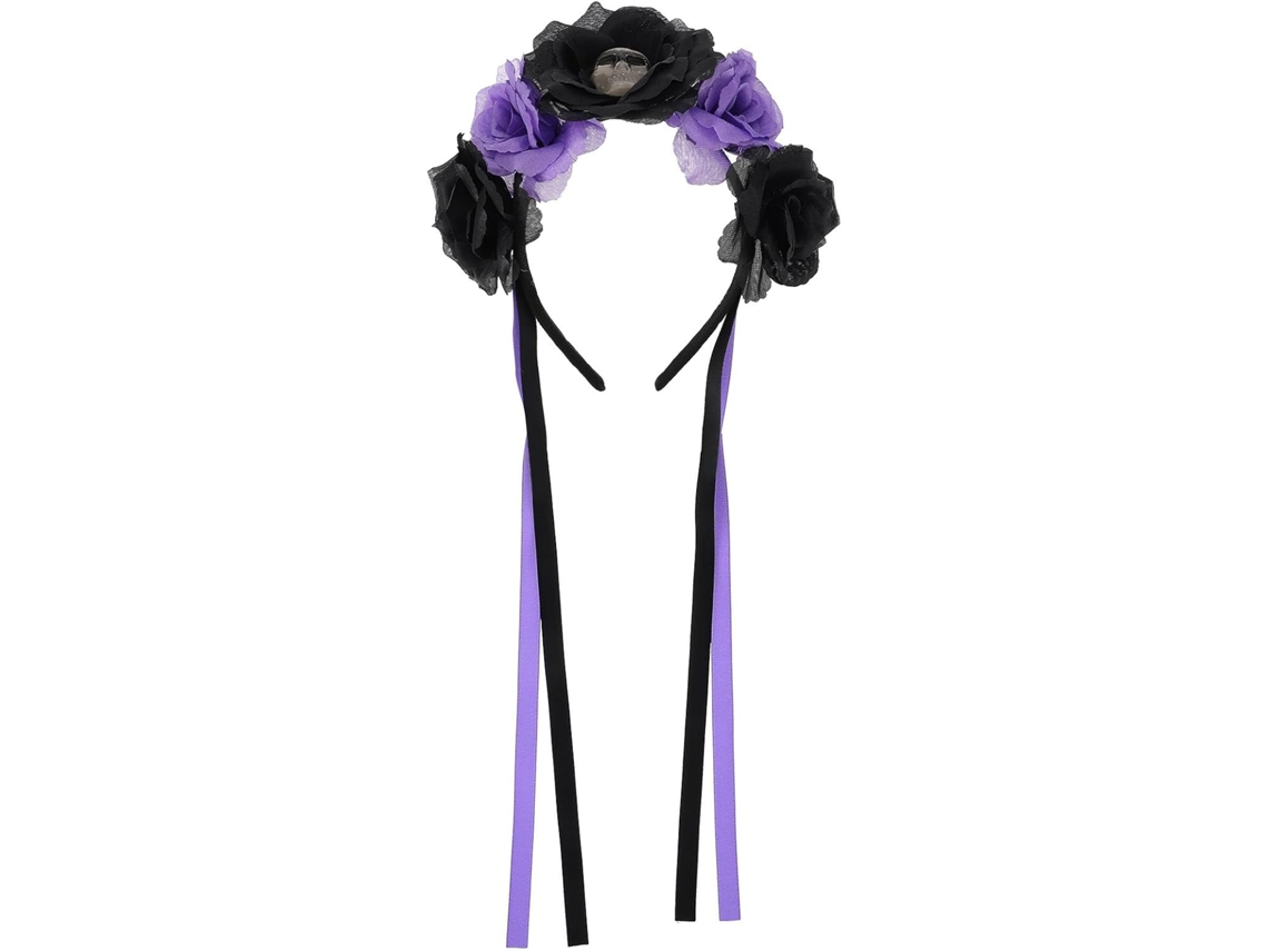 Tiara Roxa de Halloween com Caveira e Rosas em Textura Leve, Acessório para Fantasia.