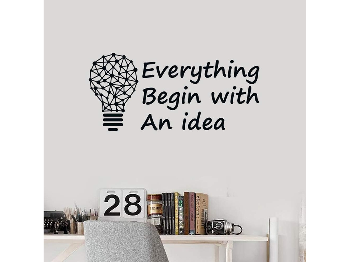Adesivo de parede em vinil com frase inspiradora sobre lâmpada, ideal para escritório, decoração de parede com tema de ideias, base para adesivos de parede, 27x57 cm.