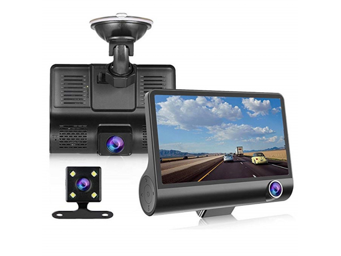 Gravadora de vídeo para carro com câmara de tablier, visão noturna, câmera traseira, dupla lente e resistente à água (3 vias)