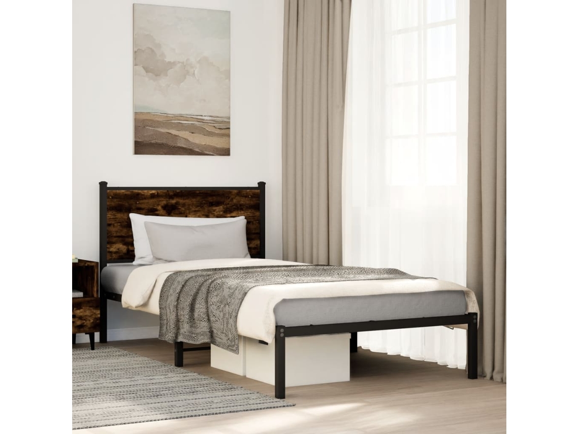 Estrutura De Cama Sem Colchão 107x203 Cm Metal Carvalho Fumado