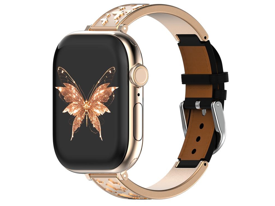 Bracelete Para Apple Watch 42/41/40/38mm - Híbrida Butterfly: Aço Inoxidável E Couro Genuíno Ouro Rosa + Preto
