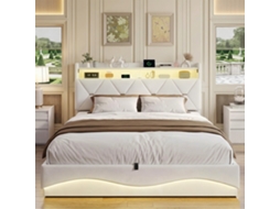 Cama Estofada 160x200 Cm Com Led E Porta Usb Para Carregamento, Cama Hidráulica Com Arrumação E Prateleira Na Cabeceira, Veludo, Bege