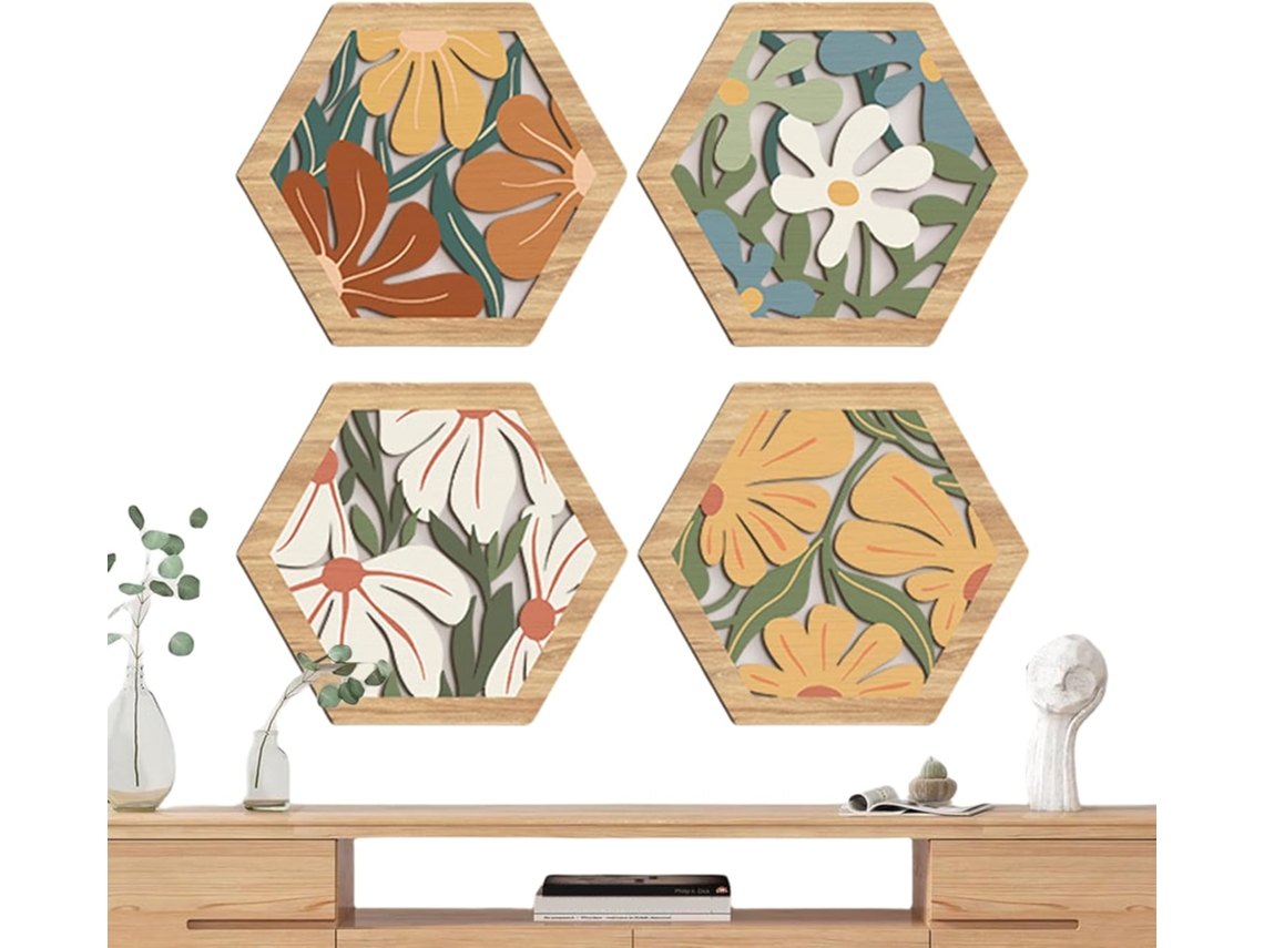 De 4 Peças Decorativas De Parede Em Madeira Boêmio Floral Geométrica Decoração Para Casa De Gokoco