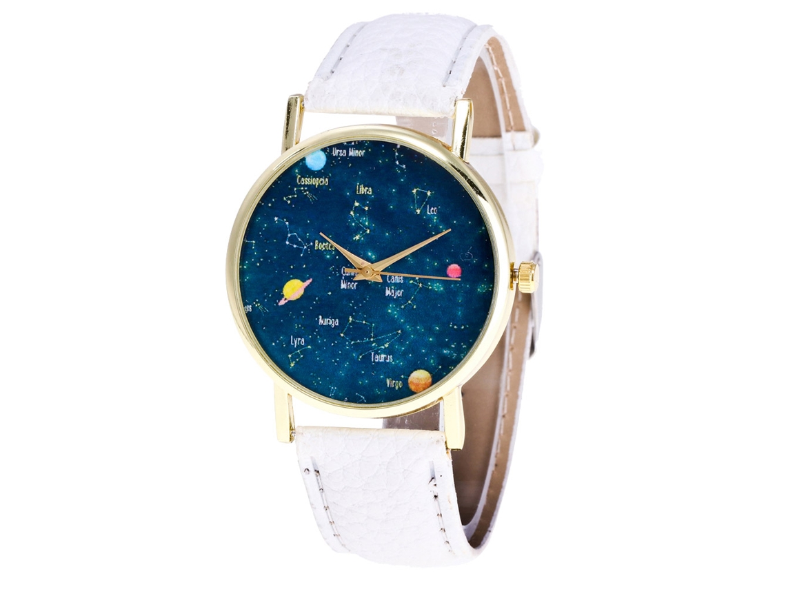 Relógio Feminino de Pulso de Quartzo com Pulseira Pu Estilo Simples Dial Estrelas Branco