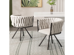 Cadeira De Jantar Giratória Luxuosa, Kit 2 Unidades, Linho Bege/preto, 4 Pés De Metal, Para Sala/quartos.