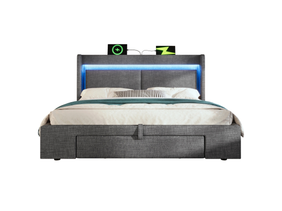 Cama Estofada De 140x200 Cm Com Arrumação Hidráulica E Cabeceira Com Compartimento De Arrumação, Iluminação Led E Portas Usb E Usb-c,com Colchão.