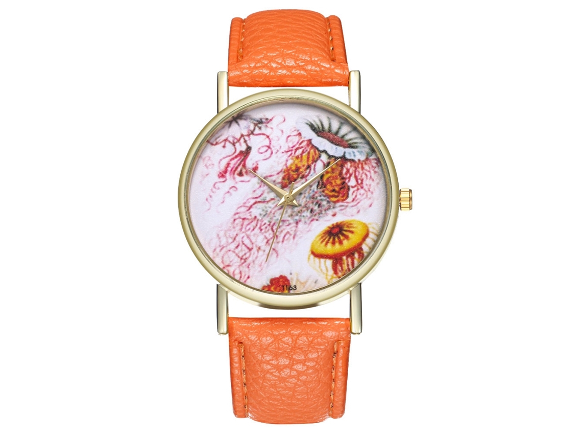 Relógio de quartzo casual para homens, mulheres e meninas com pulseira de couro PU laranja.
