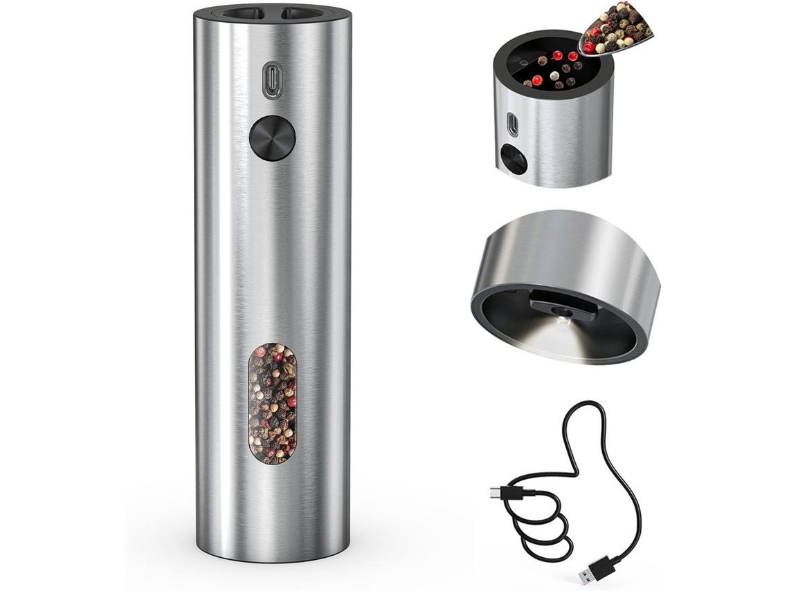 Moedor De Pimenta Elétrico Recarregável, Moedor De Pimenta Automático De Aço Inoxidável, Prateado Zeuxo