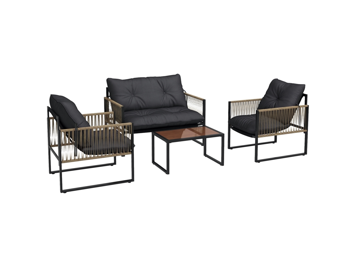 Conjunto de Jardim 4 Peças Rattan Cinza e Marrom com Sofá, 2 Cadeiras, Mesa Centro | S/MARCA