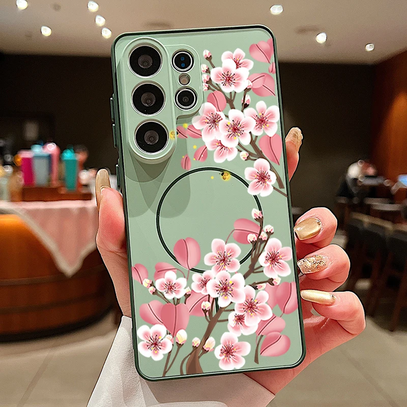 Capa Magnética Para Celular Galaxy A26 Com Estampa De Flor De Pêssego (verde)