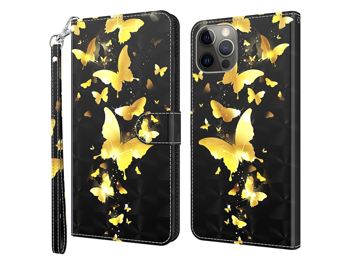 Capa Pega Borboletas Douradas Para Iphone 15 Pro Max Pele Sintética