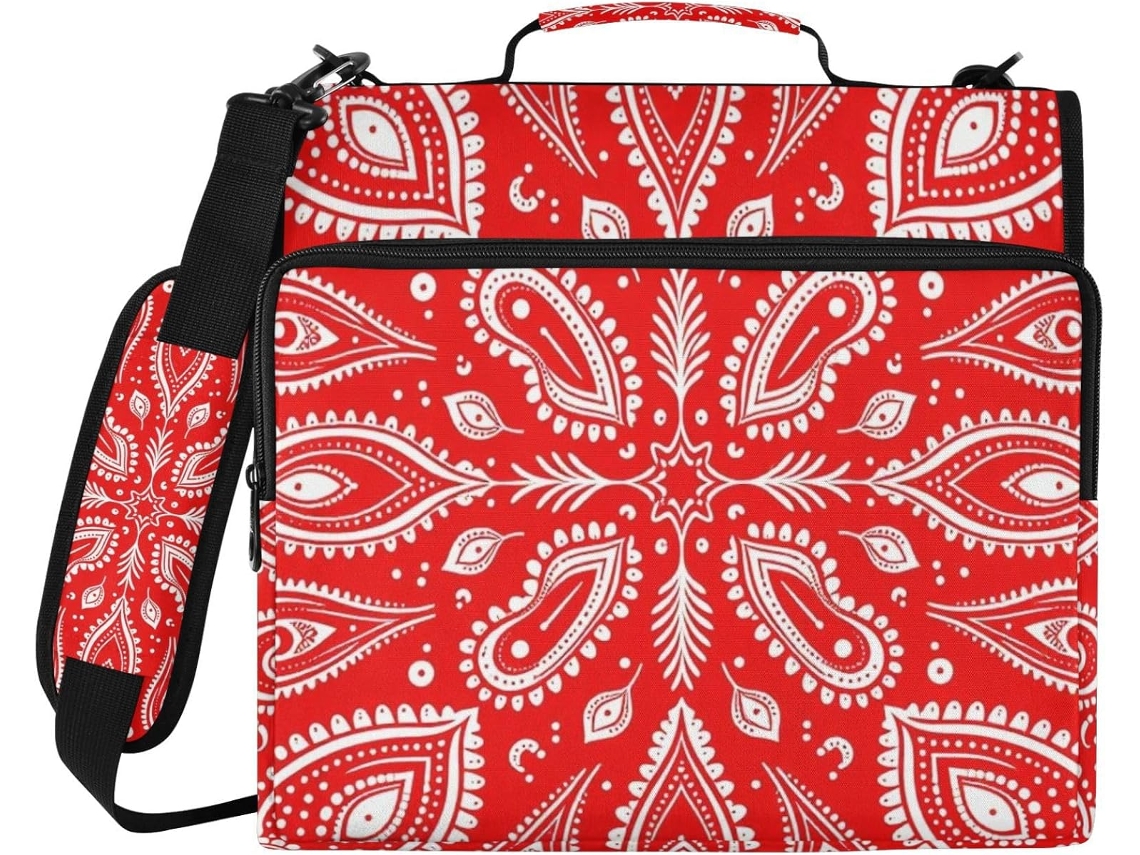 Argolas Pasta 3 Em Cashmere Vermelho E Branco, 1, 5 Polegadas, Com Zíper Data, Alça De Mão E Ombro Removível