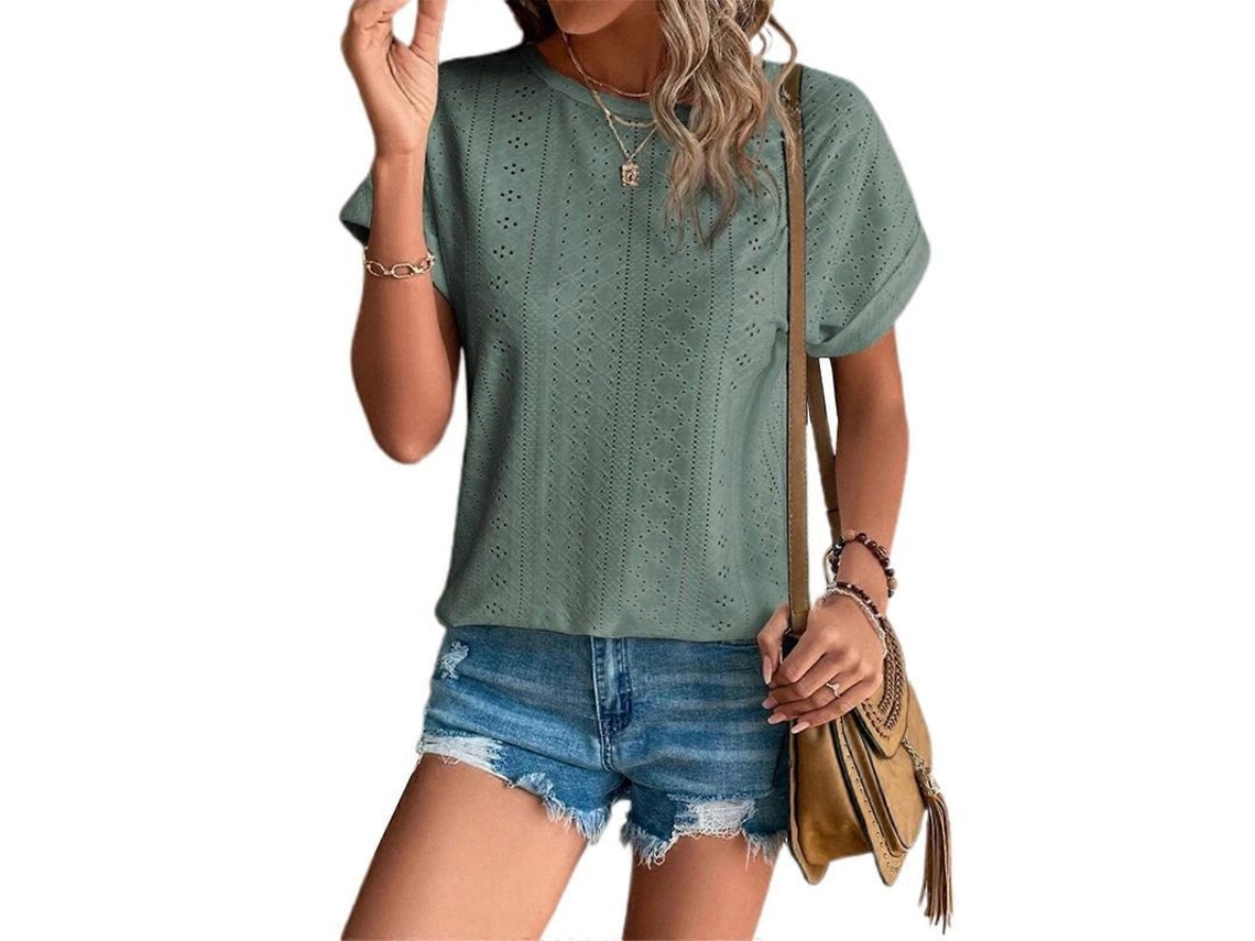 Camiseta De Manga Curta Com Detalhes De Botões, Gola Redonda, Solta Para Verão, Cor Verde Feijão Verde Guisante Xl