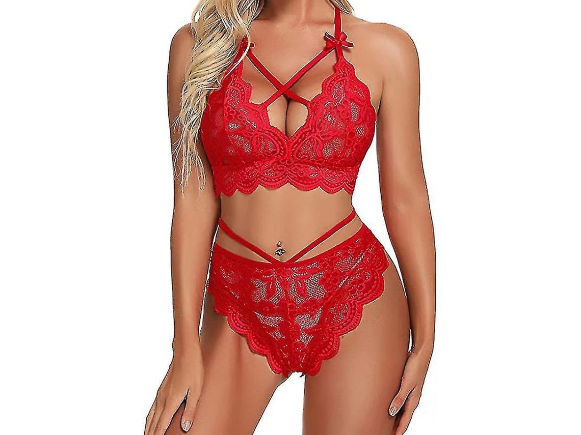 Conjunto de lingerie feminina sexy de renda, modelo 2026, com busto profundo e cintura alta.