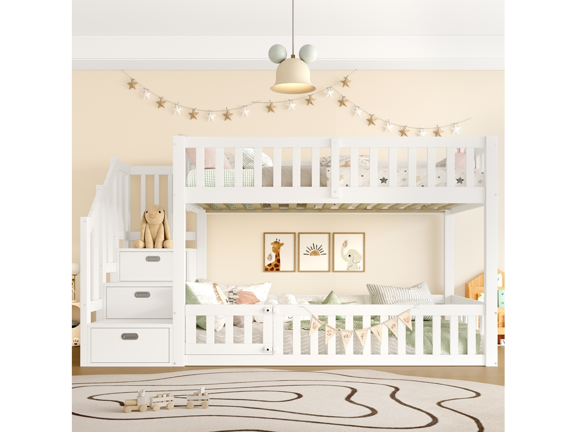 Litera Infantil De 90x200 Cm, Blanca, Con Escalera Y Espacio De Almacenamiento.