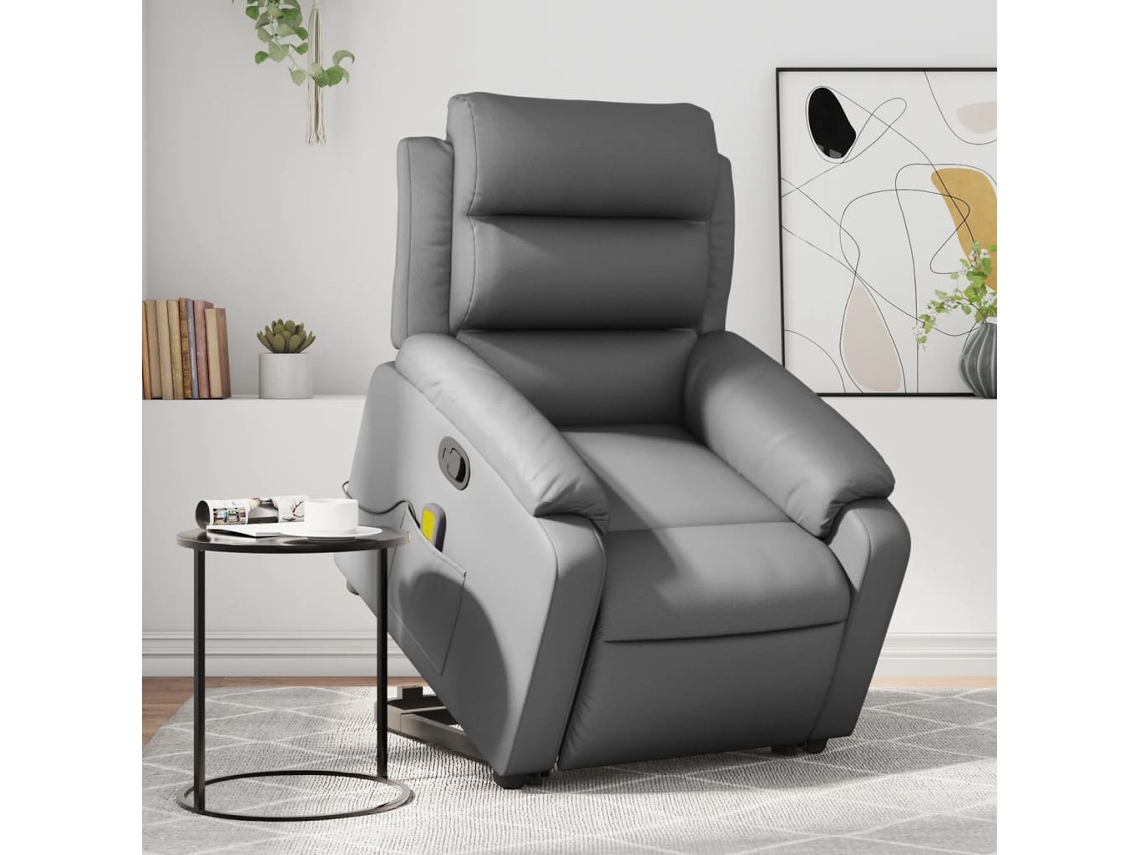 Vidaxl Poltrona Massagens Reclinável Elevatória Couro Artif. Cinzento