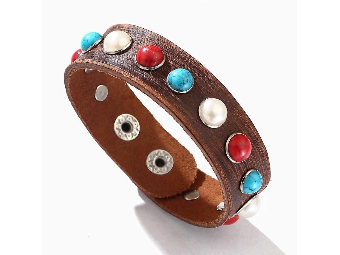 Pulseira De Couro, Pulseira De Couro Genuíno Feminino De Moda Com Turquesa E Incrustação De Pérolas Brancas