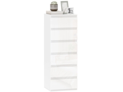 Cômoda elegante com 6 gavetas e acabamento branco brilhante.