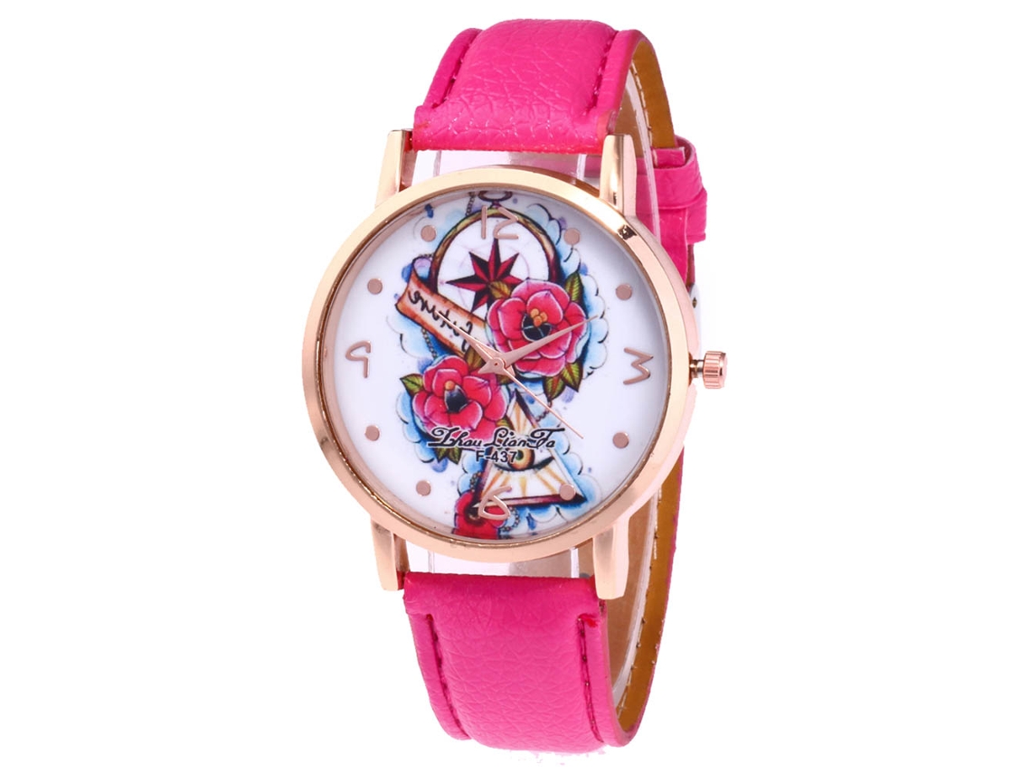 Relógio casual de quartzo para estudantes com pulseira de couro PU rosa e vermelha