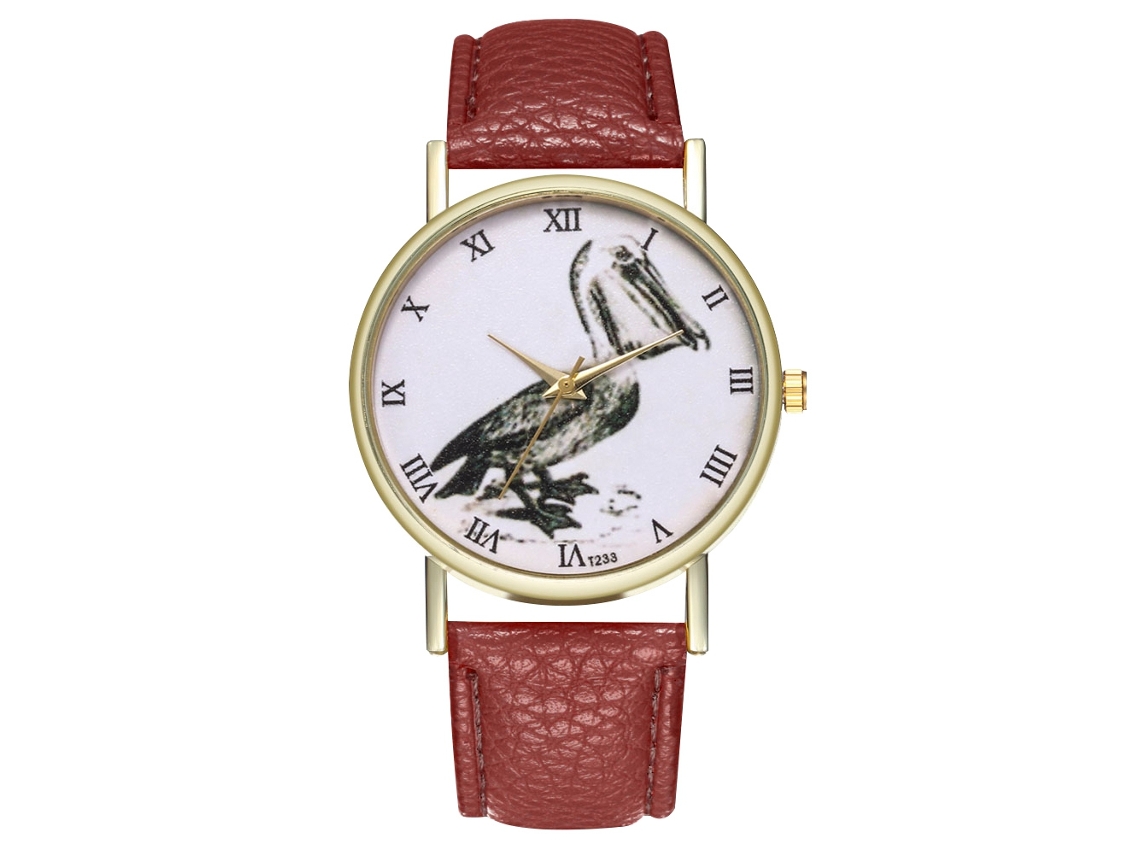 Reloj De Cuarzo Para Mujer Zhoulianfa Con Correa De Cuero Pu Y Dial Redondo Con Patrón De Pájaro Café