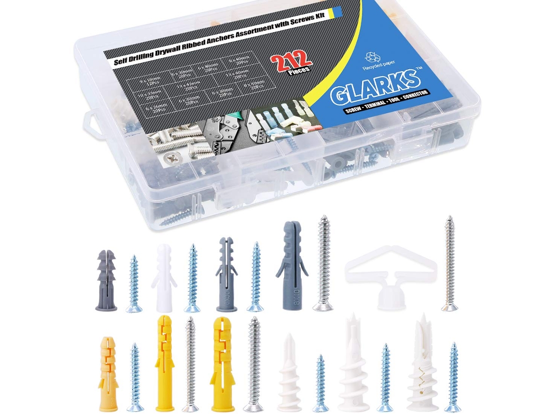 Kit com 220 parafusos autoatarraxantes Phillips de cabeça chata e buchas com nervuras.