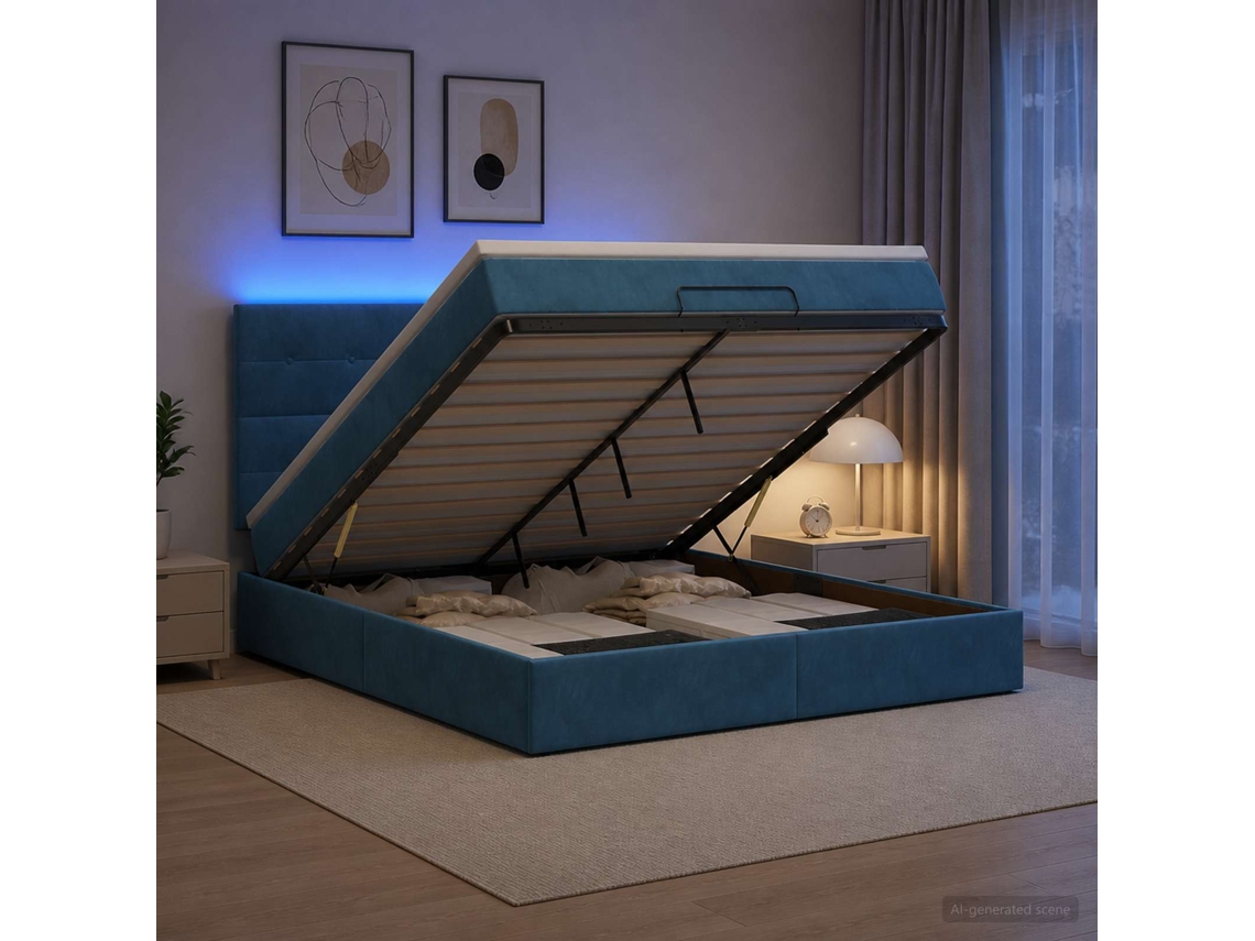 Vidaxl Cama Ottoman Com Colchão E Led Azul Escuro 160 X 200 Cm Veludo