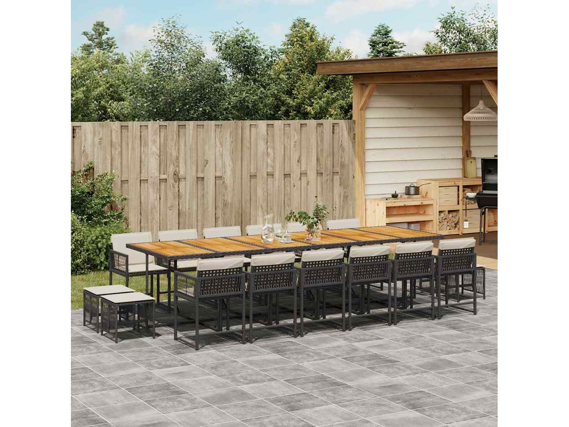 Vidaxl 17 Pcs Conjunto De Jantar P/ Jardim C/ Almofadões Vime Pe Preto