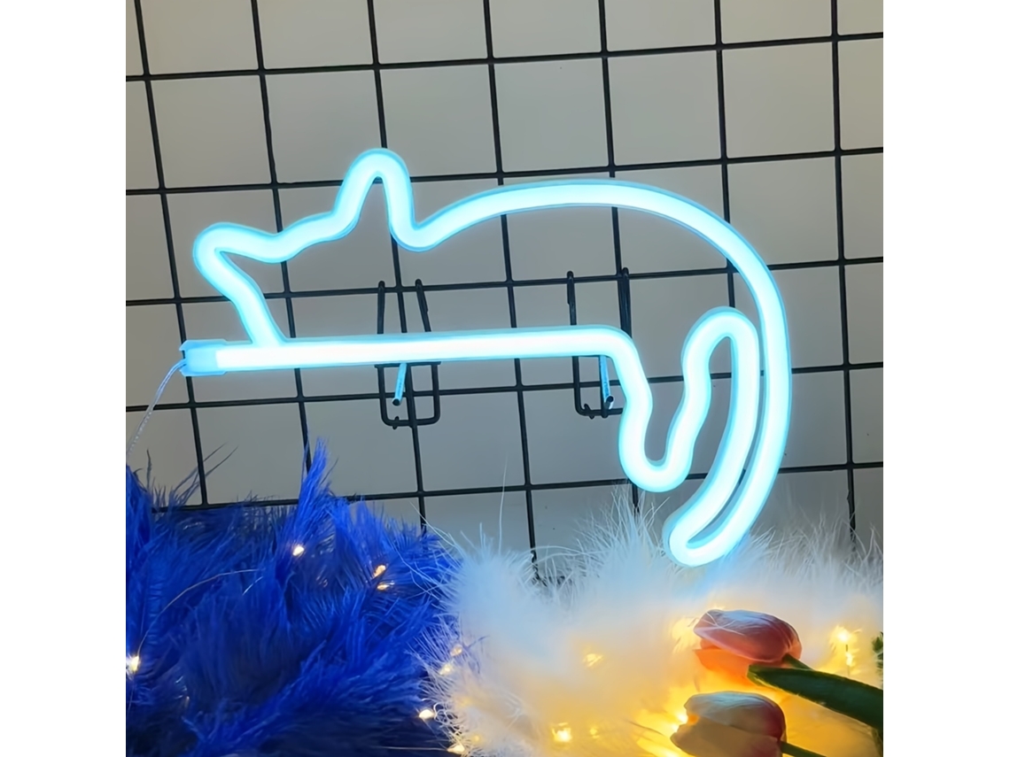 Letreiro Neon Led, Formato De Gato, Cor Azul, Tema De Natal, Alimentação Usb, Funcionamento A Bateria