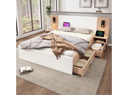 Cama De Casal De Madeira 180×200cm Com 2 Gavetas, Cabeceira Com Luz De Leitura E Função De Carregamento Usb, Cama Moderna Incluindo 2 Mesas De Cabec