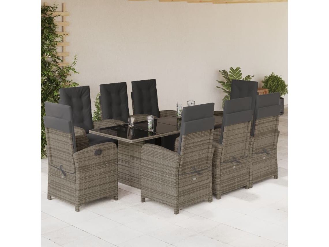 9 Pcs Conjunto De Jantar P/ Jardim C/ Almofadões Vime Pe Cinza Dkd Home Decor