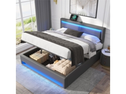 Cama Estofada Porta Usb Iluminação Led Espaço Armazenamento Gutent Pele Sintética Cinzento (160x200cm)