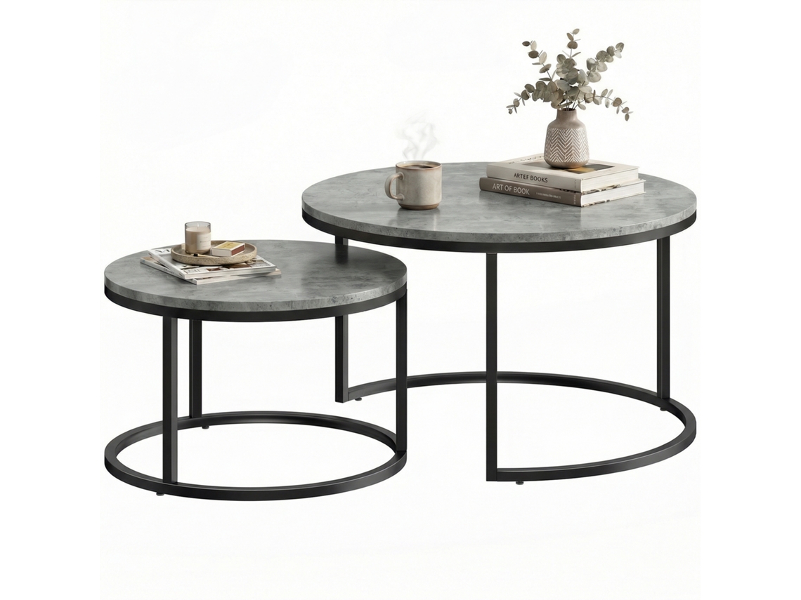 Conjunto Moderno de Mesa de Centro para 2. Mesas Laterais Empilháveis com Estrutura Metálica para Sala de Estar. Quarto. Escritório. Cinza Ge
